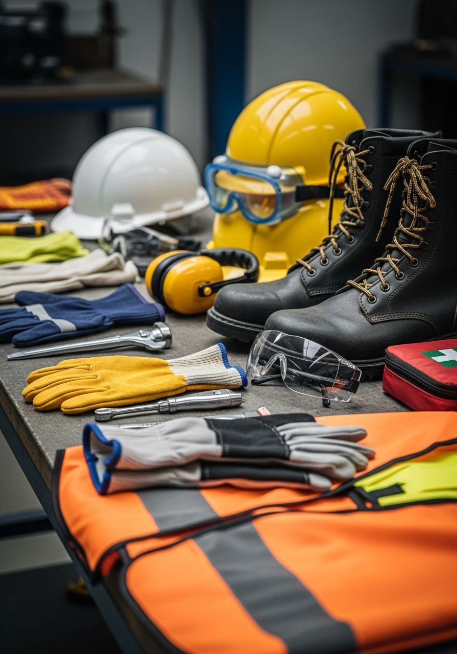 Personal protective equipment laid out, helmets, boots, gloves and eye protection